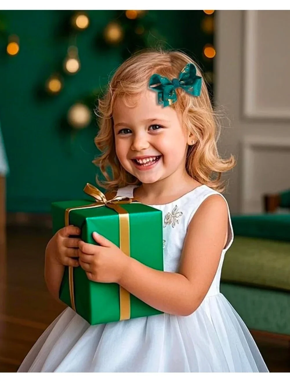 Girls Christmas Hair Bows Set of 2 Green Gold Reindeer 3